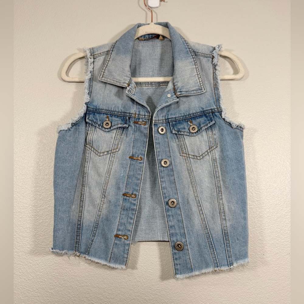 Highway Jeans Denim Jean Vest Frayed Edges Distressed Collar Jacket Women M